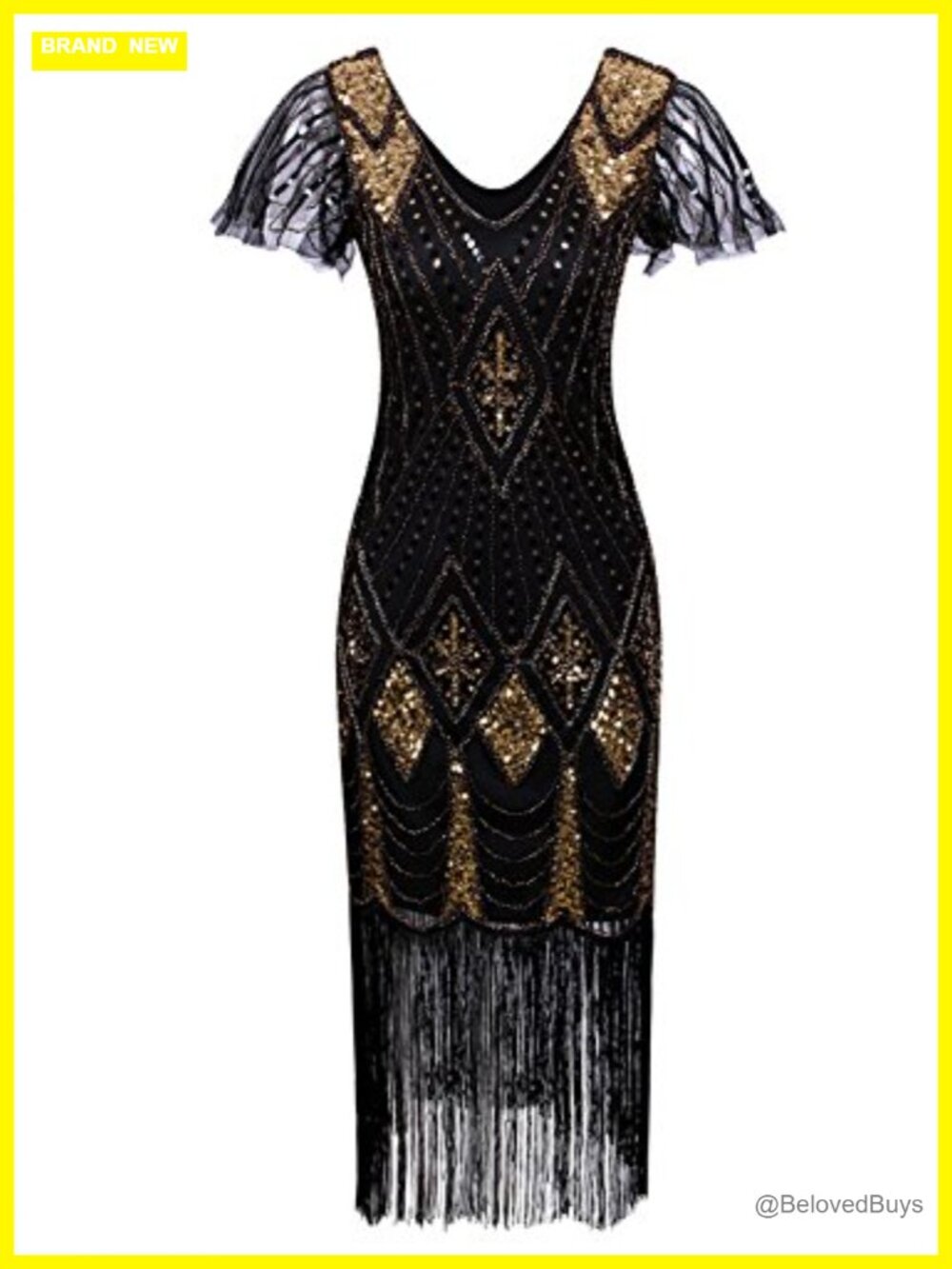 Sequin Bead Fringe Flapper Dress Long Sleeves Gatsby 1920s